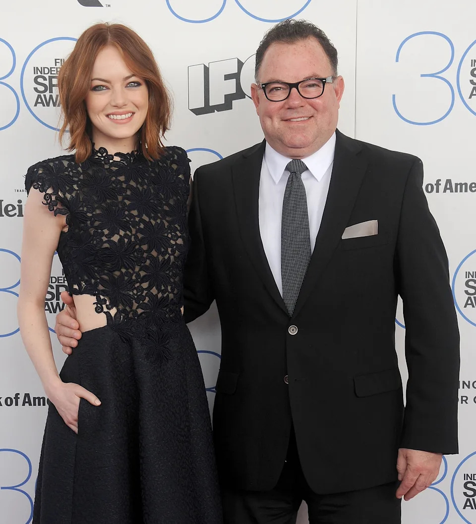 Actress Emma Stone and dad Jeff Stone arrive at the 2015 Film Independent Spirit Awards on February 21, 2015 in Santa Monica, California