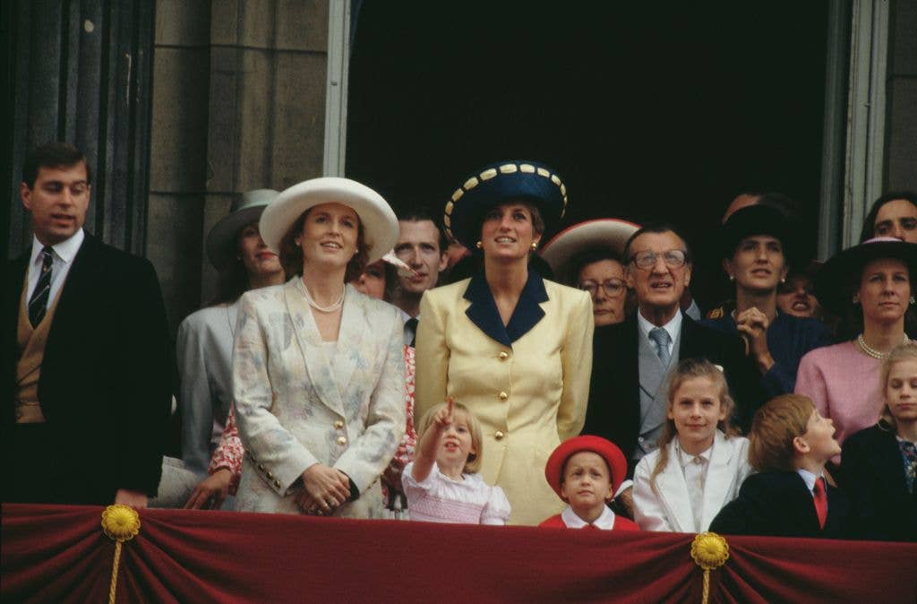 The royal family on the balcony of Buckingham Palace in London for the Trooping the Colour ceremony, June 1991. Among them are Prince Andrew, the Duchess of York, Diana, Princess of Wales  (1961 - 1997), Princess Beatrice, Leonora Knatchbull (daughter of Lord Romsey) and Prince Harry.  (Photo by Jayne Fincher/Princess Diana Archive/Getty Images)