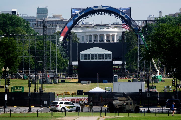 Construction continues Friday on the South Lawn of the White House for the Freedom 250 UFC match in Washington, D.C.