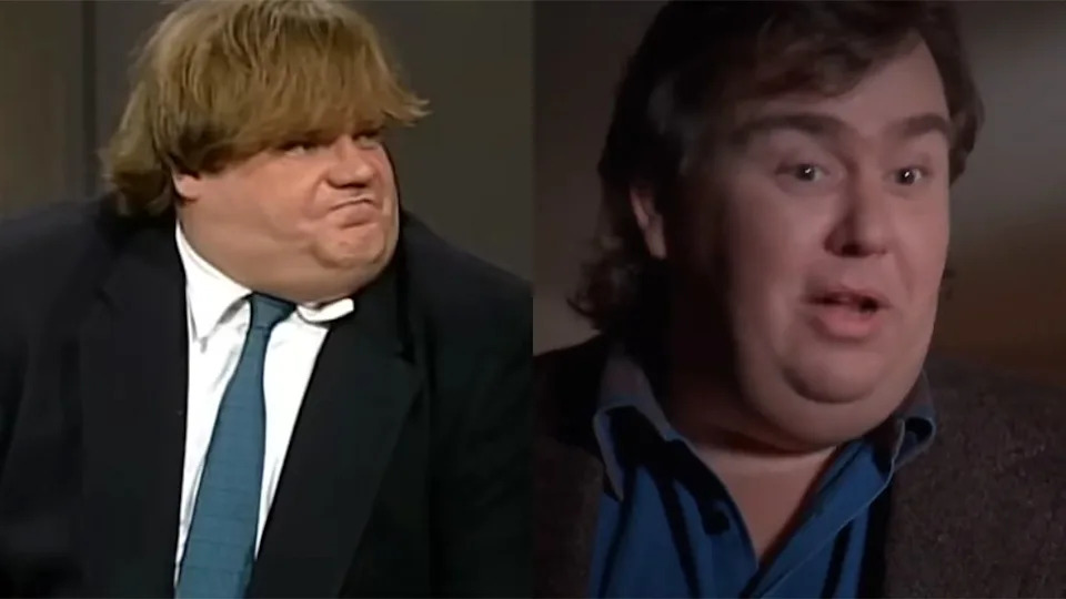  Chris Farley during his first David Letterman appearance and John Candy getting interviewed about movie flops in I Like Me. 