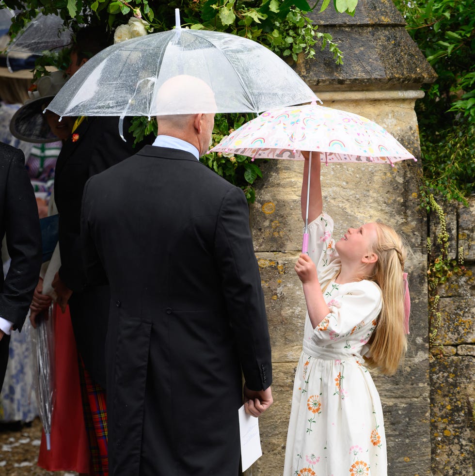 kemble, england june 06: mike tindall and lena elizabeth tindall depart after the royal wedding of peter phillips and harriet sperling at all saints church on june 06, 2026 in kemble, england. (photo by karwai tang/wireimage)