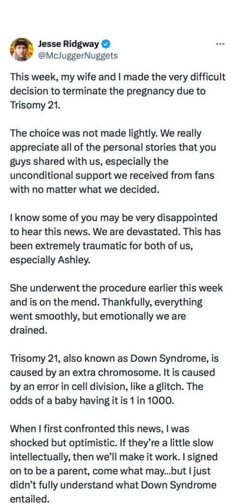 Youtube star Jesse Ridgway and wife Ashley face backlash and death threats after revealing they terminated a pregnancy after a Down Syndrome diagnosis