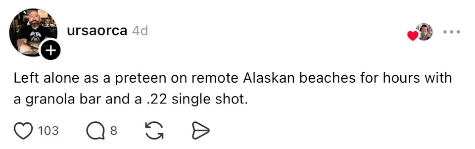 Social media post with caption about being left alone as a preteen on Alaskan beaches with a granola bar and a .22 single shot