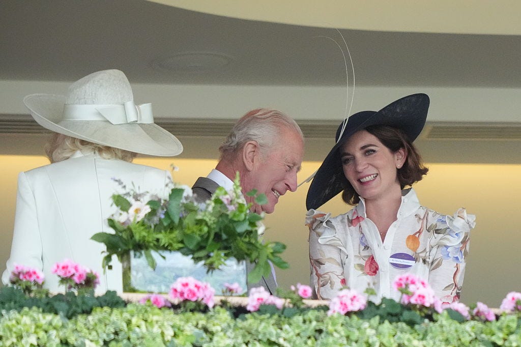 queen camilla, king charles iii and felicity blunt in the royal box on day three of royal ascot at ascot racecourse, berkshire picture date thursday june 18, 2026 photo by jonathan bradypa images via getty images