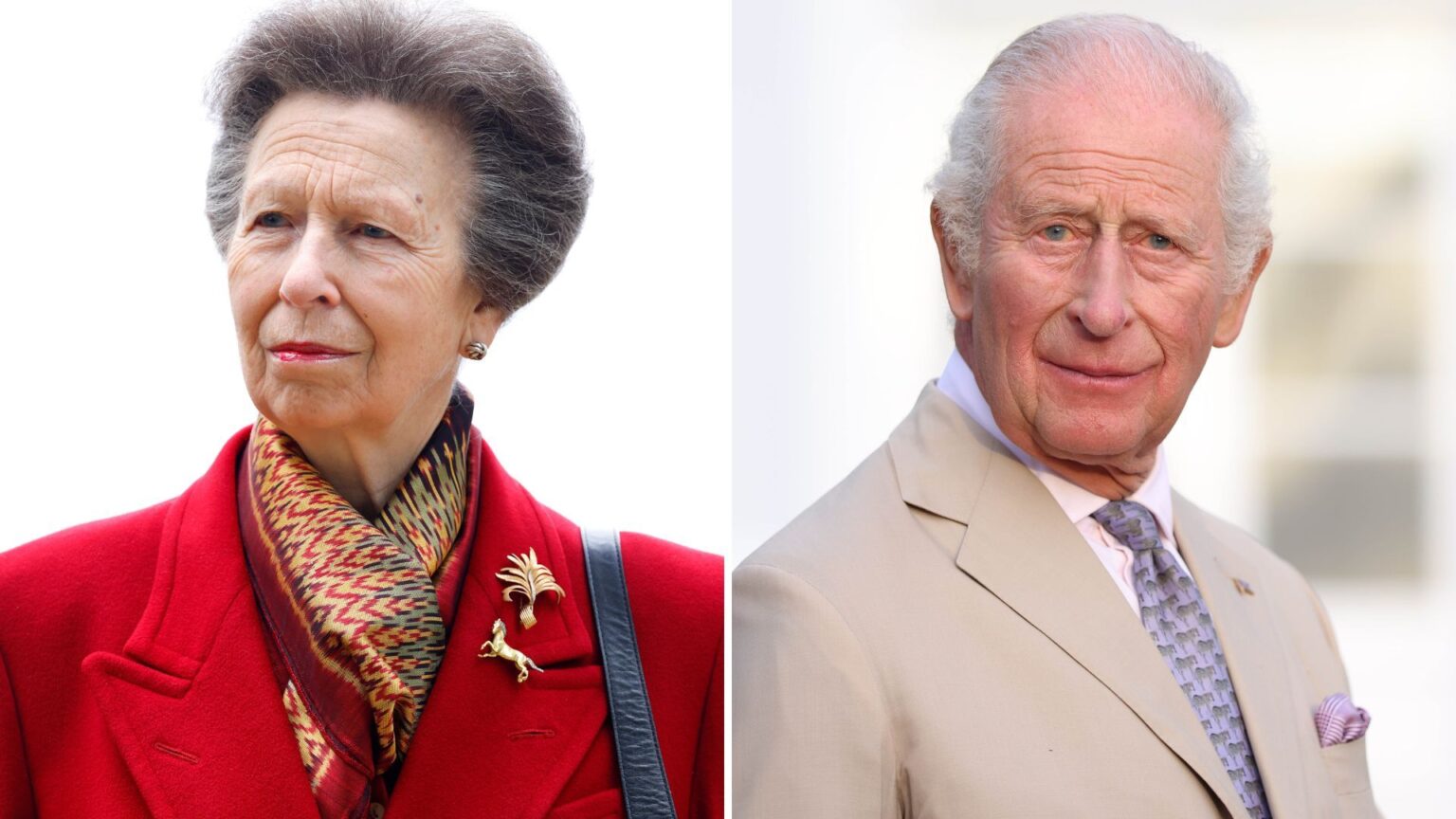 A composite of a picture of Princess Anne and a picture of King Charles, taken at different occasions in 2026