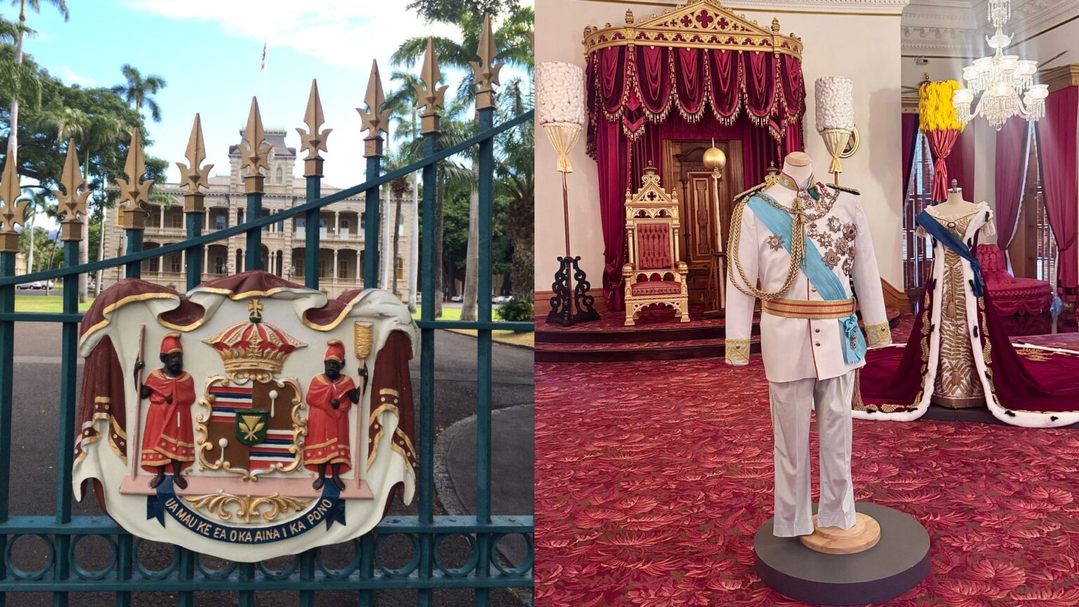 Most Americans Don’t Realize Hawaii Had a Royal Family—Until They Visit This Palace A split image with the exterior of Iolani Palace and the palace's throne room