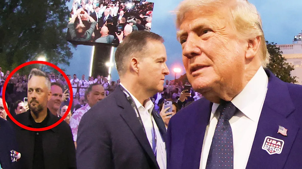 Nate Bargatze, left, as Donald Trump walks to his ringside seat. / The Daily Beast/Amber Searls-Imagn Images