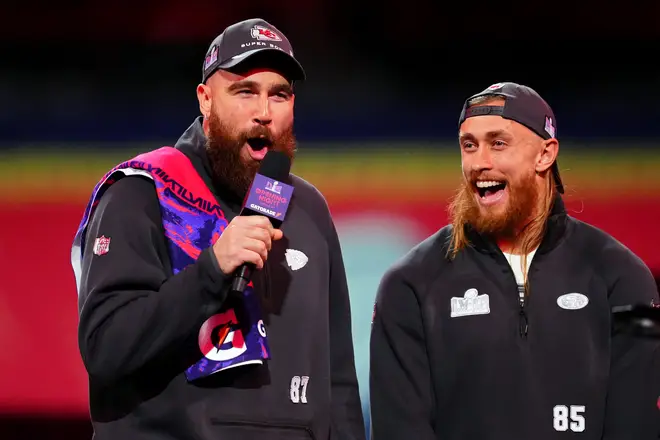 American football star George Kittle pictured with Travis Kelce in 2024.