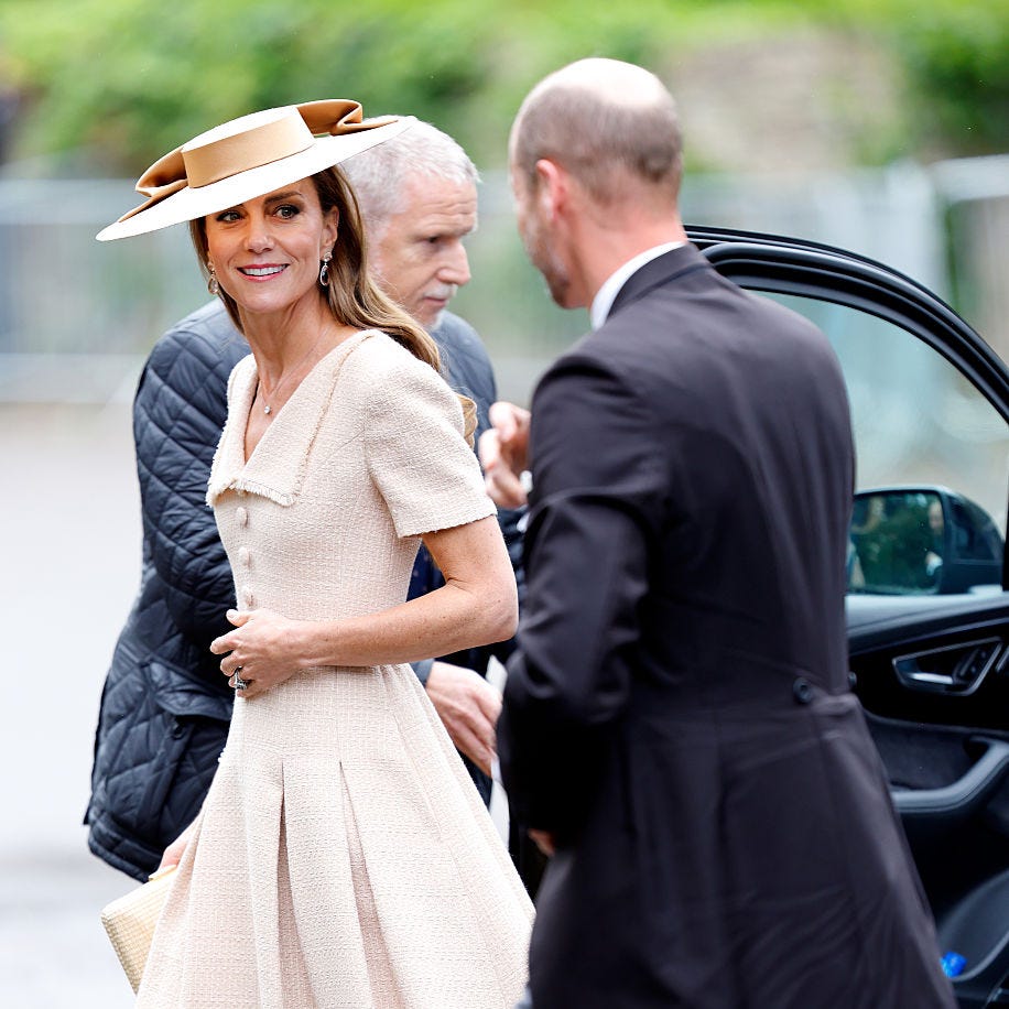 kemble, england june 06: (embargoed for publication in uk newspapers until 24 hours after create date and time) catherine, princess of wales and prince william, prince of wales attend the wedding of peter phillips and harriet sperling at all saints church on june 6, 2026 in kemble, england. peter phillips, son of princess anne, princess royal and eldest grandchild of queen elizabeth ii, will marry nhs nurse and writer harriet sperling during a ceremony at all saints church in kemble today. (photo by max mumby/indigo/getty images)