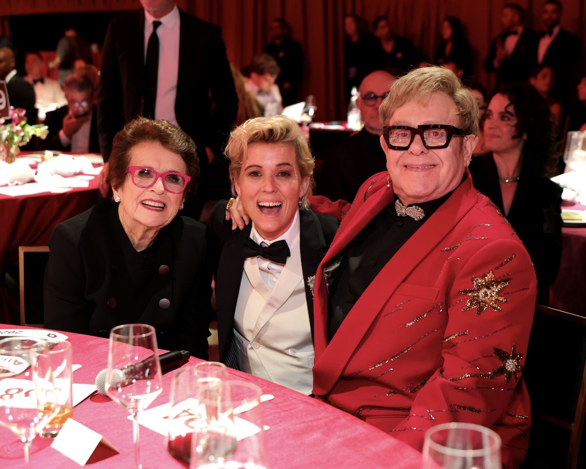 Elton John (R) with Billie Jean King and Brandi Carlile on March 15, 2026.Credit: Kevin Mazur/Getty Images for Elton John AIDS Foundation