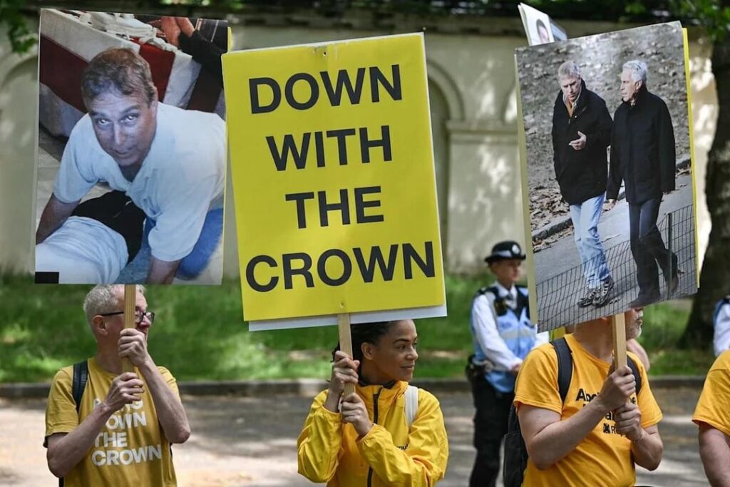 Protestors Held Photos of Ex-Prince Andrew with Jeffrey Epstein and Virginia Giuffre During King's Birthday Parade