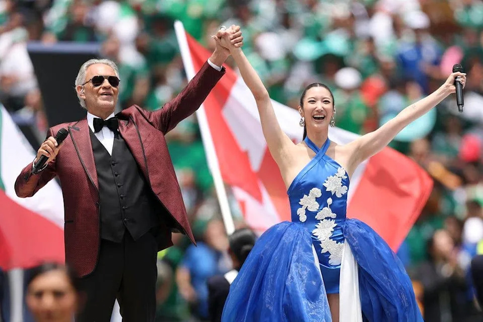 Andrea Bocelli and EJAE perform during the FIFA World Cup 2026 Group A match between Mexico and South Africa at Mexico City Stadium on June 11, 2026 in Mexico City, Mexico