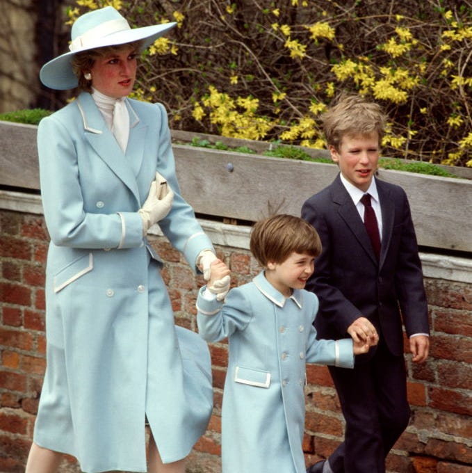 windsor, united kingdom april 19: diana, princess of wales, with her son, prince william and her nephew, peter phillips, on their way to easter service. the princess is wearing a pale blue coat designed by catherine walker who made a similar one for prince william (photo by tim graham photo library via getty images)