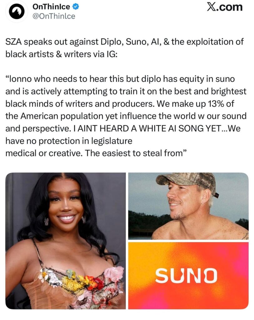 SZA speaks out against Diplo, Suno AI music generator & the exploitation of black artists