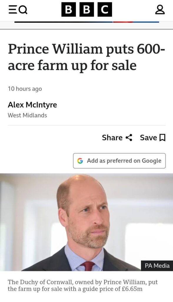 Prince William puts 600-acre farm up for sale