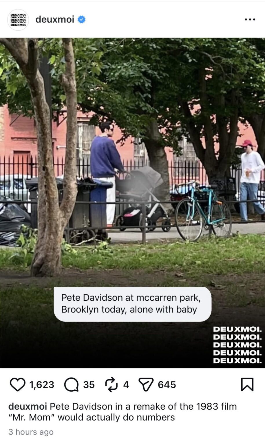 Pete Davidson with his daughter at a park in Brooklyn