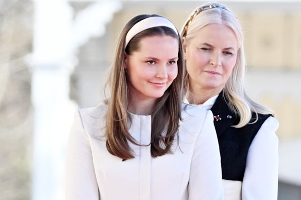OSLO, NORWAY - APRIL 8: Crown Princess Mette-Marit of Norway and Princess Ingrid Alexandra attend the welcoming ceremony at The Royal Palace in conjunction with the Icelandic State Visit on April 8, 2025 in Oslo, Norway. (Photo by Rune Hellestad - Corbis/Getty Images)
