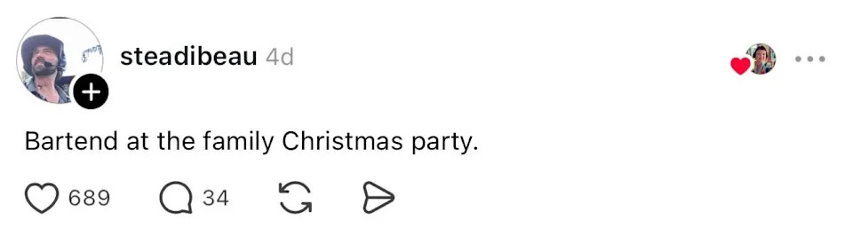 A social media post reads, "Bartend at the family Christmas party," with engagement icons showing 689 likes and 34 comments