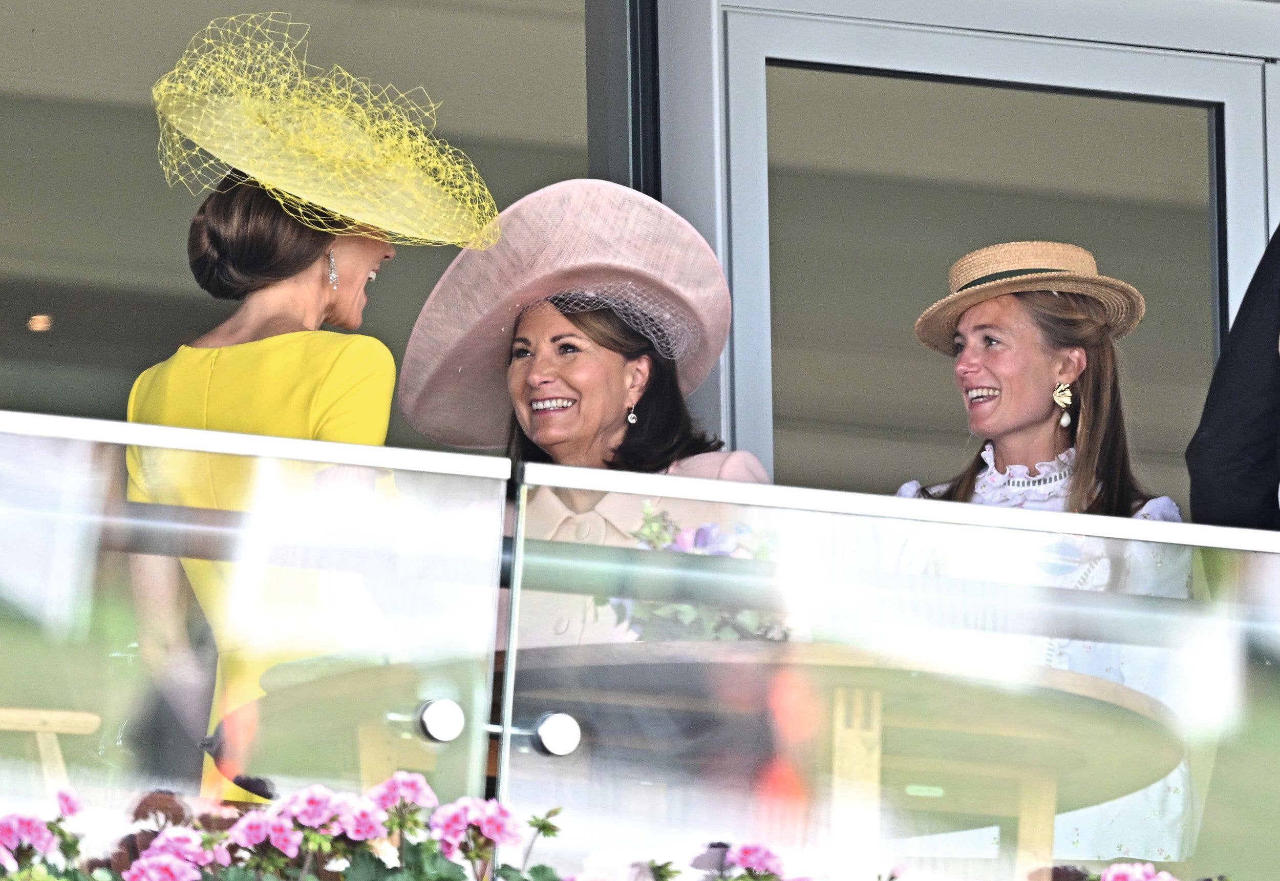 Catherine, Princess of Wales (L) with Carole Middleton and Alizee Thevenet smile as they attend day two of Royal Ascot 2026