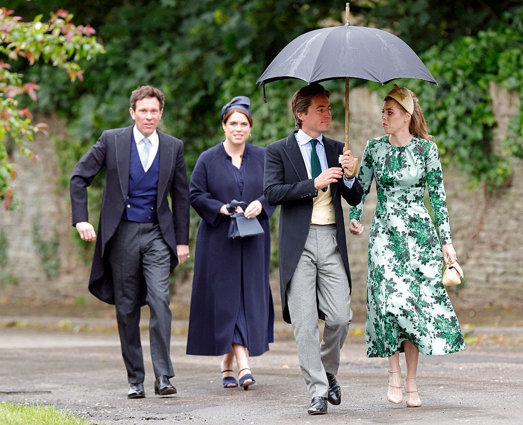 kemble, england june 06: (embargoed for publication in uk newspapers until 24 hours after create date and time) jack brooksbank, princess eugenie, edoardo mapelli mozzi and princess beatrice attend the wedding of peter phillips and harriet sperling at all saints church on june 6, 2026 in kemble, england. peter phillips, son of princess anne, princess royal and eldest grandchild of queen elizabeth ii, will marry nhs nurse and writer harriet sperling during a ceremony at all saints church in kemble today. (photo by max mumby/indigo/getty images)