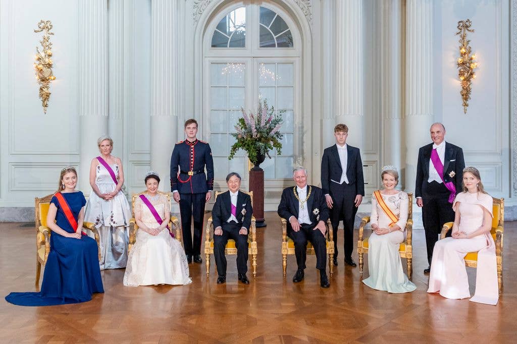 Emperor Naruhito and Empress Masako of Japan pose for a family portrait with Queen Mathilde and King Philippe of Belgium and their family