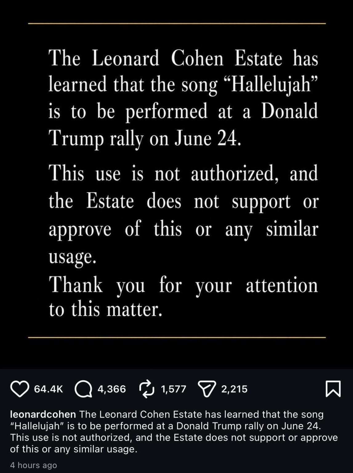 Leonard Cohen’s Estate Objects to Trump’s Promised Use of ‘Hallelujah’ at Freedom 250 Rally