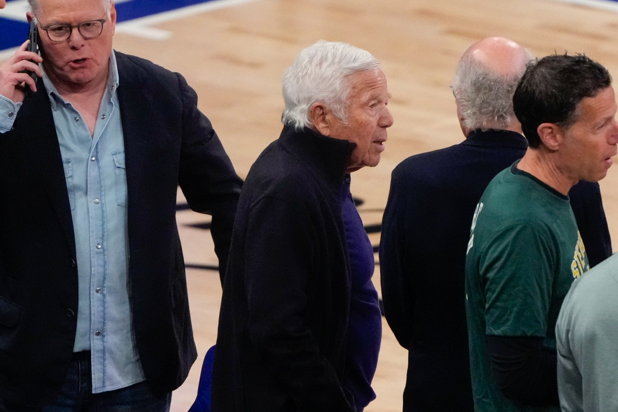 New England Patriots owner Bob Kraft watches warm ups prior to during Game 3 of the NBA Finals basketball series between the San Antonio Spurs and the New York Knicks, Monday, June 8, 2026, in New York. (AP Photo/Ross D. Franklin)