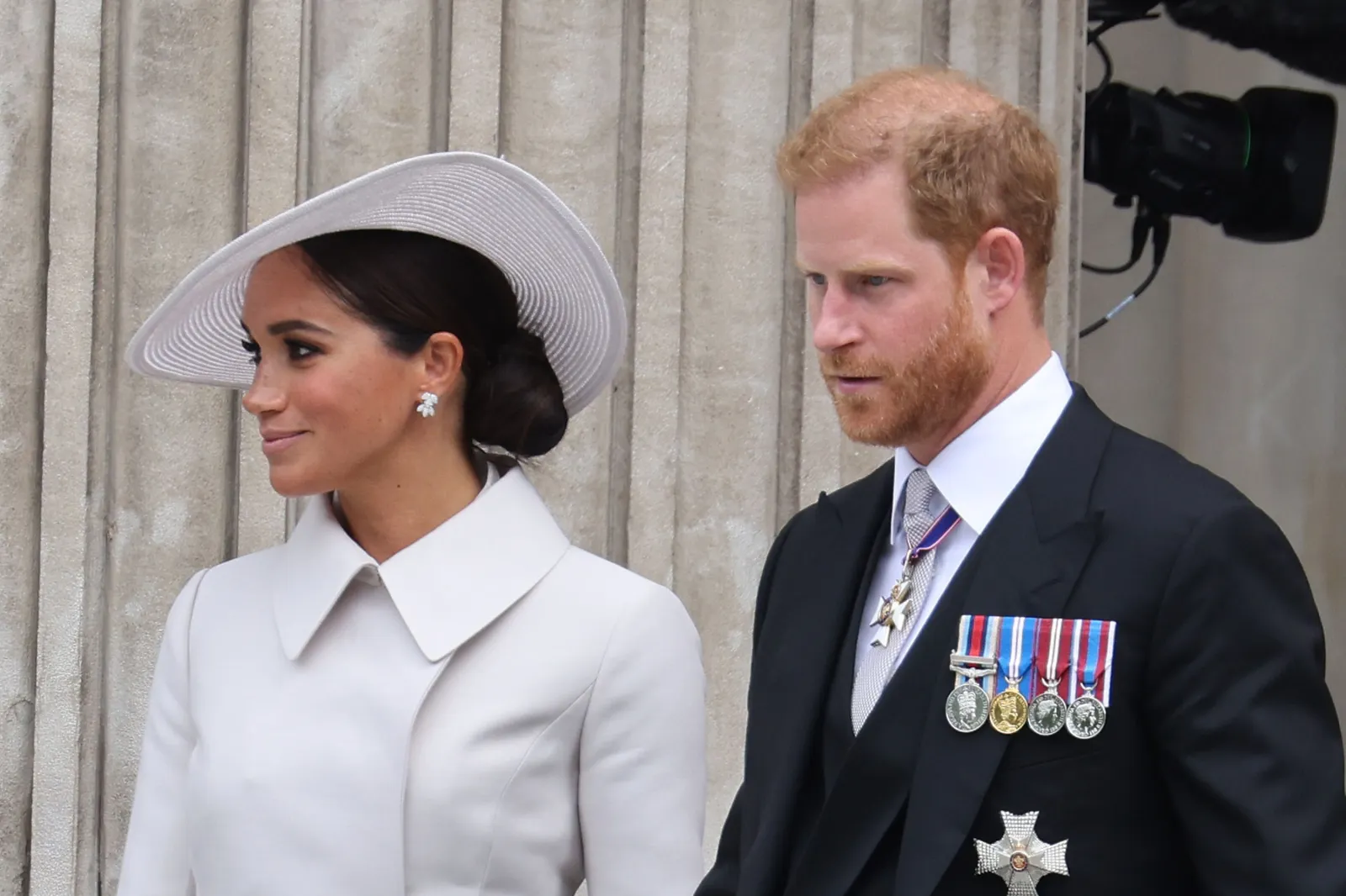 Prince Harry and Meghan Markle step out from St. Paul's Cathedral after a service honoring Queen Elizabeth II's Platinum Jubilee, on June 3, 2022, during the last U.K. visit on which they brought their children.