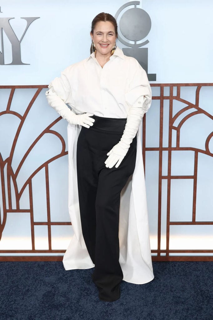 Drew Barrymore wearing Balenciaga Spring 2026 at the 2026 Tony Awards in New York
