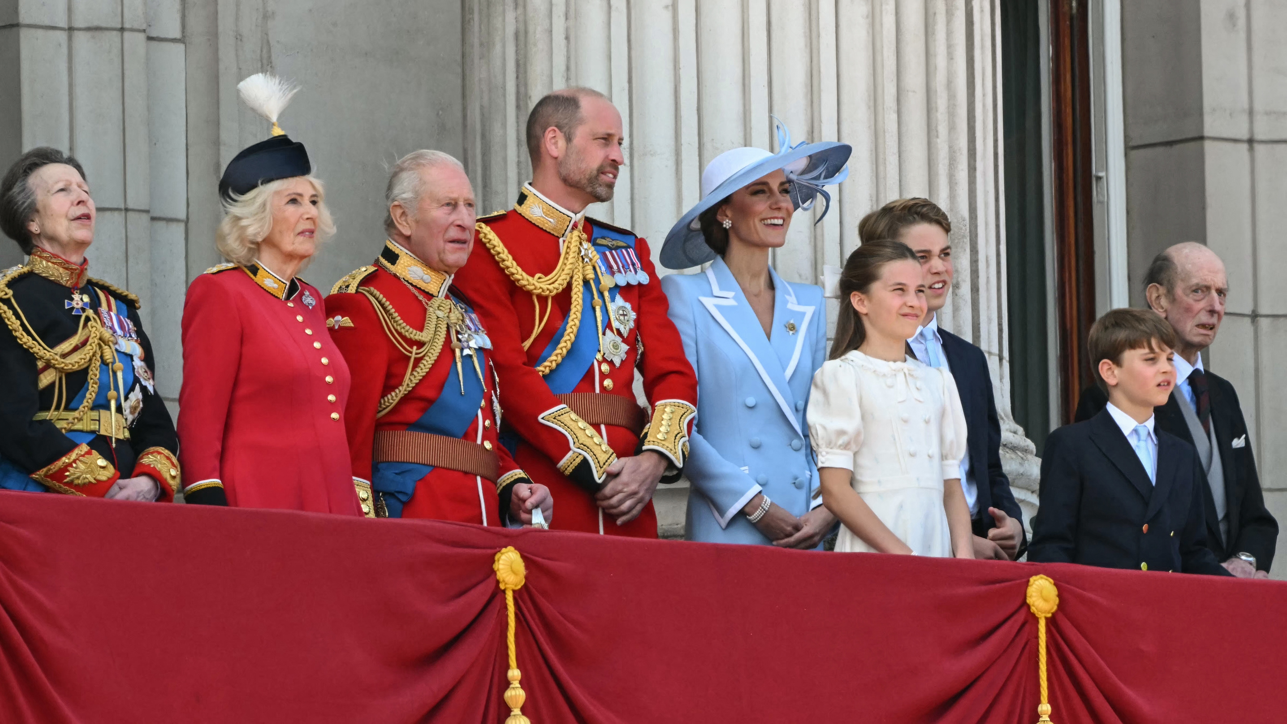 Royal Family watch the flypast on the balcony of Buckingham Palace after attending the King's Birthday Parade "Trooping the Colour" in London on June 13, 2026