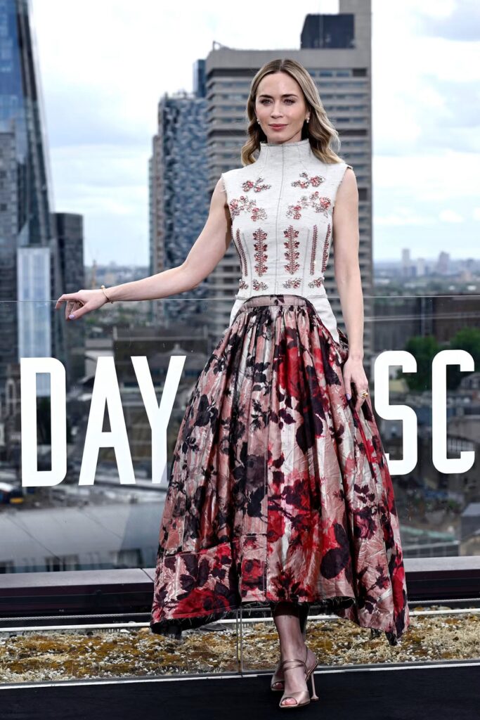 Emily Blunt wearing Erdem Fall 2026 at the Disclosure Day photocall in London.
