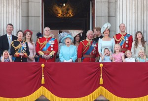 (left to right) Vice Admiral Sir Timothy Laurence, the Princess Royal, Princess Beatrice, Lady Louis Windsor, Duke of York, , Queen Elizabeth II, Duchess of Sussex, Prince of Wales, Duke of Sussex and the Duke and Duchess of Cambridge with Princess Charlotte, Savannah Phillips and Prince George, on the balcony of Buckingham Palace, in central London, following the Trooping the Colour ceremony at Horse Guards Parade as the Queen celebrates her official birthday. (Photo by Yui Mok/PA Images via Getty Images)