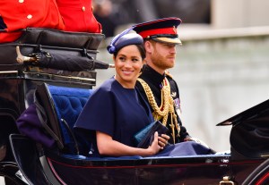 LONDON, ENGLAND - JUNE 08: Meghan, Duchess of Sussex and Prince Harry, Duke of Sussex leave Buckingham Palace in a carriage during Trooping The Colour, the Queen's annual birthday parade, on June 8, 2019 in London, England. (Photo by James Devaney/Getty Images)
