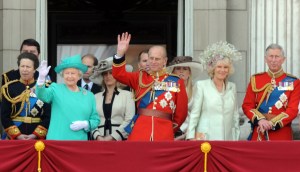 (L-R) Princess Anne, Princess Royal, Queen Elizabeth II, Sophie, Countess of Wessex, Prince Philip, Duke of Edinburgh, Autumn Kelly, Camilla, Duchess of Cornwall and Prince Charles, Prince of Wales watch the fly past from the balcony during Trooping The Colour at Buckingham Palace on June 14, 2008 in London, England. The Trooping The Colour is the Queen's annual birthday parade and dates back to the time of Charles II in the 17th Century when the Colours of a regiment were used as a rallying point in battle. (Photo by Anwar Hussein/WireImage)