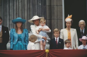 Sarah Duchess of York, Diana, Princess of Wales (1961 - 1997), Prince Harry and Princess Anne watch the Trooping the Colour ceremony from the balcony of Buckingham Palace in London, June 1987. Diana is wearing a suit by Jan Van Velden and a Philip Somerville hat. (Photo by Jayne Fincher/Princess Diana Archive/Getty Images)