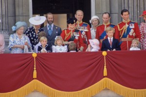 British Royals Queen Elizabeth The Queen Mother (1900-2002), Princess Michael of Kent, Prince Michael of Kent, Queen Elizabeth II, Prince Philip, Duke of Edinburgh, Princess Josephine-Charlotte of Belgium (1927-2005), Jean, Grand Duke of Luxembourg (1921-2019), Charles, Prince of Wales, and Diana, Princess of Wales (1961-1997; partially obscured), with (front) Lady Davina Windsor, Lady Gabriella Windsor, Prince William, Zara Phillips, Peter Phillips and Prince Harry watching the Trooping the Colour ceremony from the balcony of Buckingham Palace in London, England, 14th June 1986. (Photo by Tim Graham Photo Library via Getty Images)