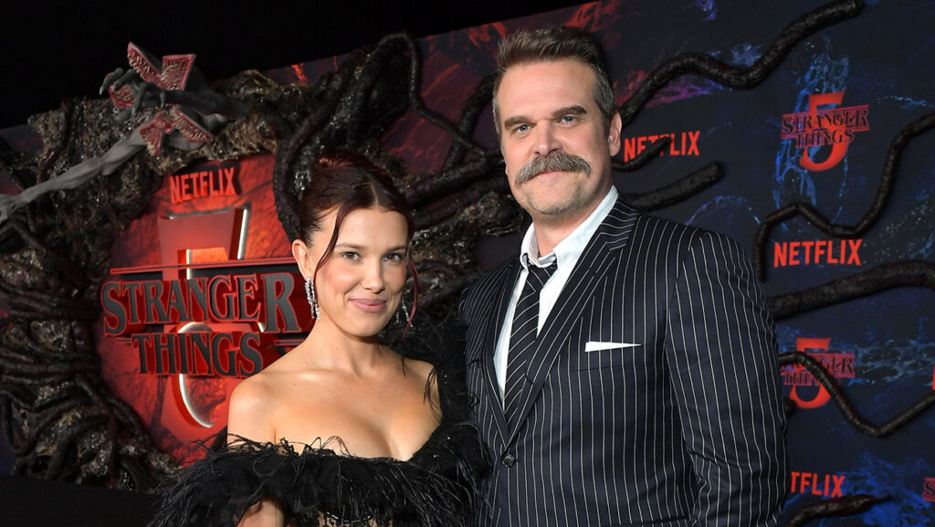 (L-R) Millie Bobby Brown and David Harbour attend Netflix's Stranger Things Season 5 World Premiere at TCL Chinese 6 Theatres on November 06, 2025 in Hollywood, California.