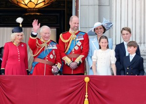 LONDON, ENGLAND - JUNE 13: (L-R) Queen Camilla, King Charles III, Prince William, Prince of Wales, Princess Charlotte of Wales, Catherine, Princess of Wales, Prince George of Wales and Prince Louis of Wales watch an RAF flypast from the balcony of Buckingham Palace during Trooping The Colour on June 13, 2026 in London, England. Trooping The Colour is a ceremonial parade celebrating the official birthday of the British Monarch. The event features over 1400 soldiers of the Household Division and King's Troop Royal Horse Artillery, including over 400 musicians from the Massed Bands. (Photo by Chris Jackson/Getty Images)