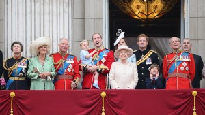 LONDON, ENGLAND - JUNE 13: (L-R) Princess Anne, Princess Royal, Camilla, Duchess of Cornwall, Prince Charles, Prince of Wales, Prince George of Cambridge,Prince William, Duke of Cambridge, Catherine, Duchess of Cambridge, Queen Elizabeth II, James, Viscount Severn, Prince Harry, Prince Philip, Duke of Edinburgh and Prince Andrew, Duke of York look out on the balcony of Buckingham Palace during the Trooping the Colour on June 13, 2015 in London, England. . The ceremony is Queen Elizabeth II's annual birthday parade and dates back to the time of Charles II in the 17th Century when the Colours of a regiment were used as a rallying point in battle. (Photo by Chris Jackson/Getty Images)
