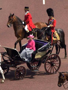 England's Queen Elizabeth II in carriage during Trooping the Colour ceremony. (Photo by Ken Goff/Getty Images)