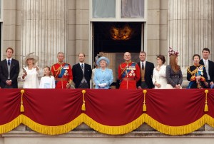 LONDON - JUNE 11: (L-R) Prince William, Camilla, Duchess of Cornwall, Prince Charles, Prince of Wales, Prince Edward, Earl of Wessex, Queen Elizabeth II, Prince Philip, Duke of Edinburgh, Prince Andrew, Duke of York, Princess Eugenie, Princess Beatrice, Princess Anne and her husband Timothy Laurence watch trooping of The Queen's Colour of First Battalion Grenadier Guards, marking The Queen's official birthday, at Horse Guards Parade on June 11, 2005 in London, England. It is The Queen's Colour of a Foot Guard battalion which is "trooped" each year before the Sovereign, and this year is marked by the presence of Camilla, Duchess of Cornwall, for the first time. (Photo by Anwar Hussein/Getty Images)