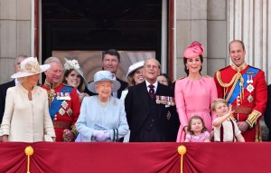 LONDON, ENGLAND - JUNE 17: Camilla, Duchess of Cornwall, Prince Charles, Prince of Wales, Princess Eugenie of York, Queen Elizabeth II, Vice Admiral Timothy Laurence, Princess Beatrice of York, Prince Philip, Duke of Edinburgh, Catherine, Duchess of Cambridge, Prince William, Duke of Cambridge, Princess Charlotte of Cambridge and Prince George of Cambridge stand on the balcony of Buckingham Palace during the Trooping the Colour parade on June 17, 2017 in London, England. (Photo by James Devaney/WireImage)