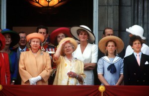 The Princess of Wales, The Queen and Queen Mother with other members of the Royal family on the balcony at Buckingham Palace for the Trooping of the Colour, June 1992. The group includes, right, the children of Prince Michael of Kent, Lady Gabriella Windsor and Lord Frederick Windsor. (Photo by Jayne Fincher/Getty Images)