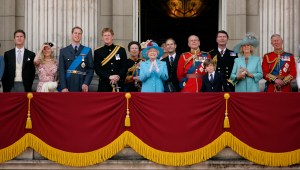 LONDON, UNITED KINGDOM - JUNE 13: (EMBARGOED FOR PUBLICATION IN UK NEWSPAPERS UNTIL 48 HOURS AFTER CREATE DATE AND TIME) (L-R) George Gilman, Lady Rose Gilman (formerly Lady Rose Windsor), HRH Prince William, HRH Prince Harry, HRH Princess Anne, The Princess Royal, HM Queen Elizabeth II, HRH Prince Edward, The Earl of Wessex, HRH Prince Philip, The Duke of Edinburgh, Charles Armstrong Jones and Admiral Tim Laurence watch the traditional fly-past on the balcony of Buckingham Palace during the annual event of the Queens Colour of First Battalion Grenadier Guards as they are trooped to mark her official brithday on June 13, 2009 in London, England.
