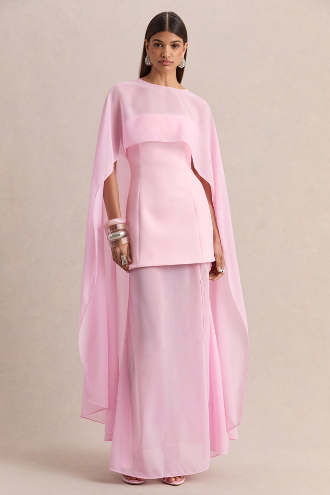 Chessa | Light Pink Boat-Neck Maxi Dress With Sheer Cape
