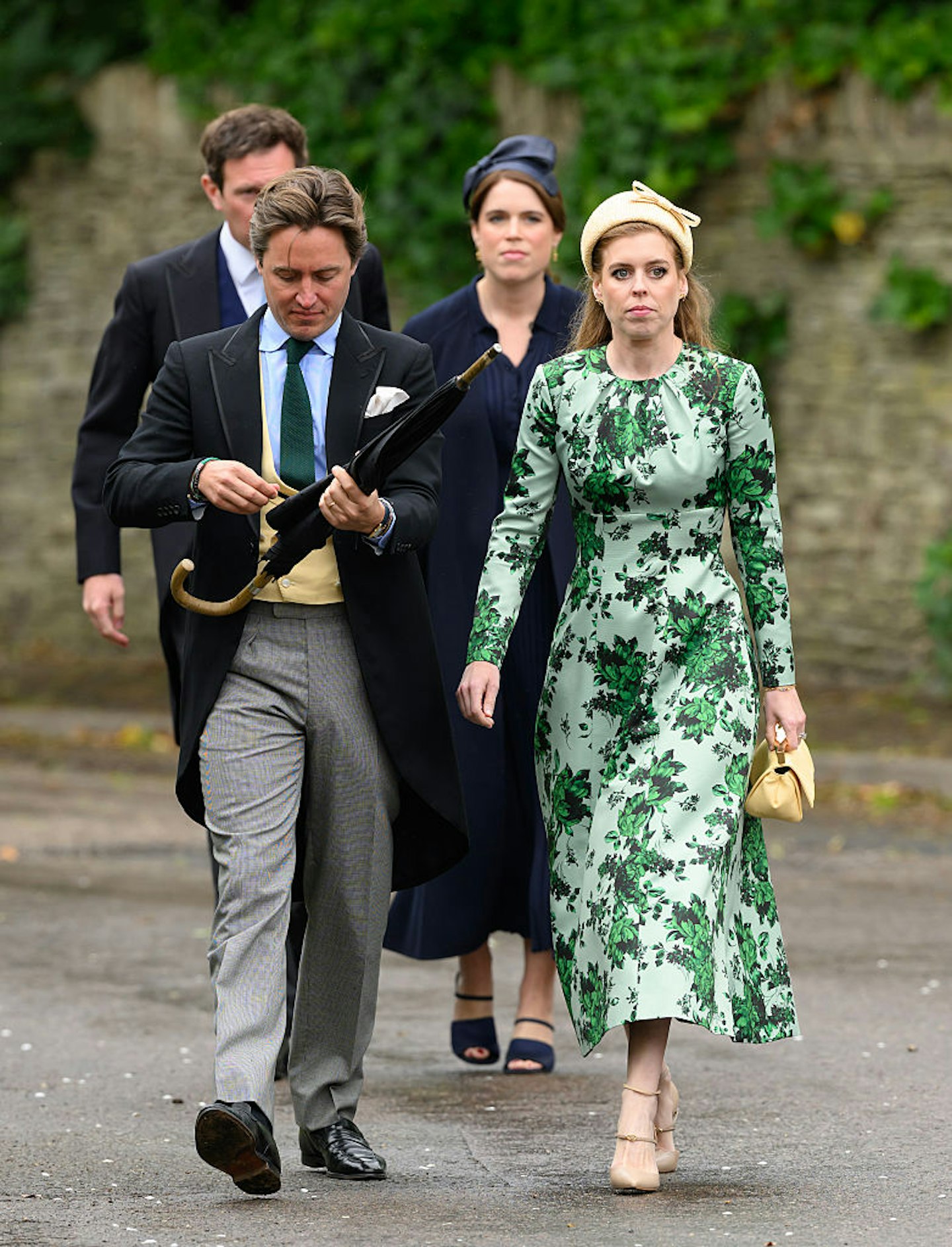 Jack Brooksbank, Princess Eugenie of York, Edoardo Mapelli Mozzi and Princess Beatrice of York arrive for the Royal wedding of Peter Phillips and Harriet Sperling at All Saints Church