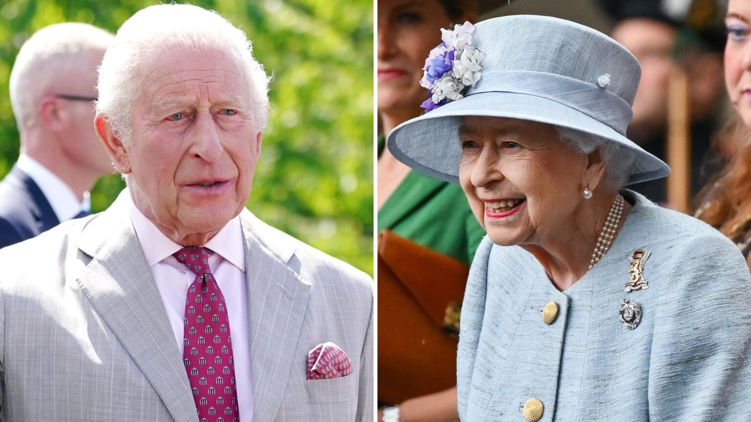 A composite of a picture of King Charles in 2026 and a picture of Queen Elizabeth in Scotland in 2022