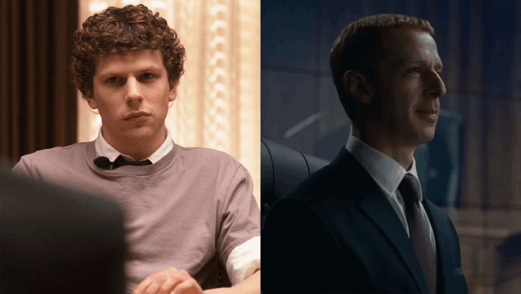 Aaron Sorkin on Why Jesse Eisenberg Declined Mark Zuckerberg Role in Sequel Jesse Eisenberg in 'The Social Network' and Jeremy Strong in 'The Social Reckoning.'