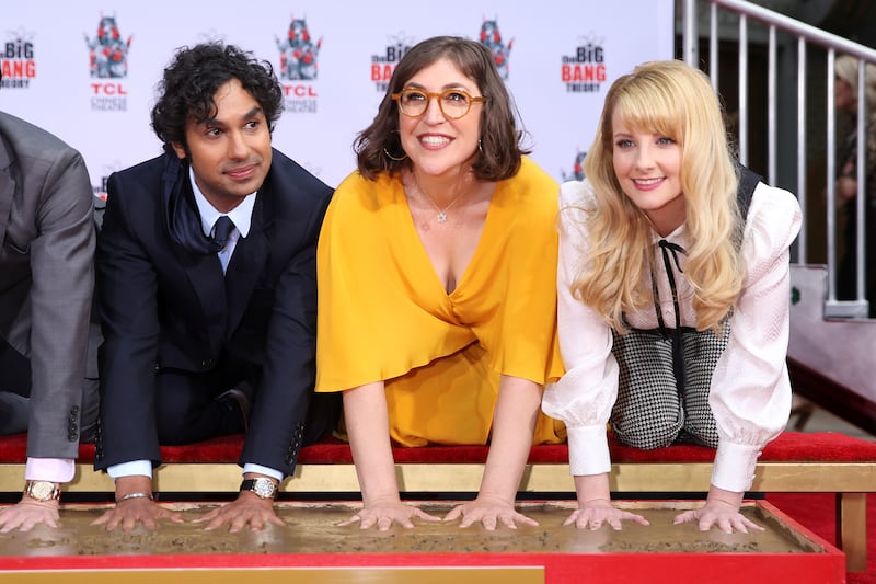 Mayim Bialik was a star of the hit comedy "The Big Bang Theory" from 2010 to 2019. Pictured here at the cement handprints ceremony in Hollywood with her co-stars Kunal Nayyar and Melissa Rauch in 2019.