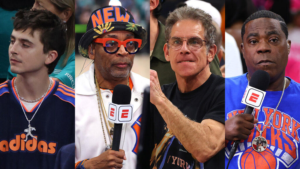 Timothee Chalamet, Spike Lee, Ben Stiller, and Tracy Morgan at Knicks Game 1
